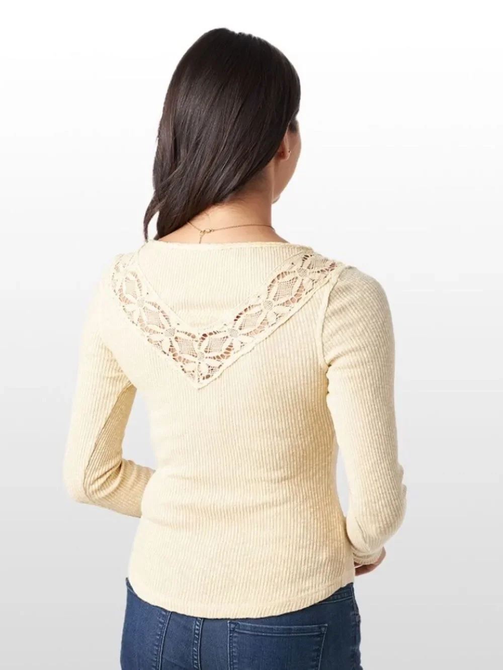 free people M Come On Over Ribbed Knit Lace Buttoned Long Sleeves Thermal Top